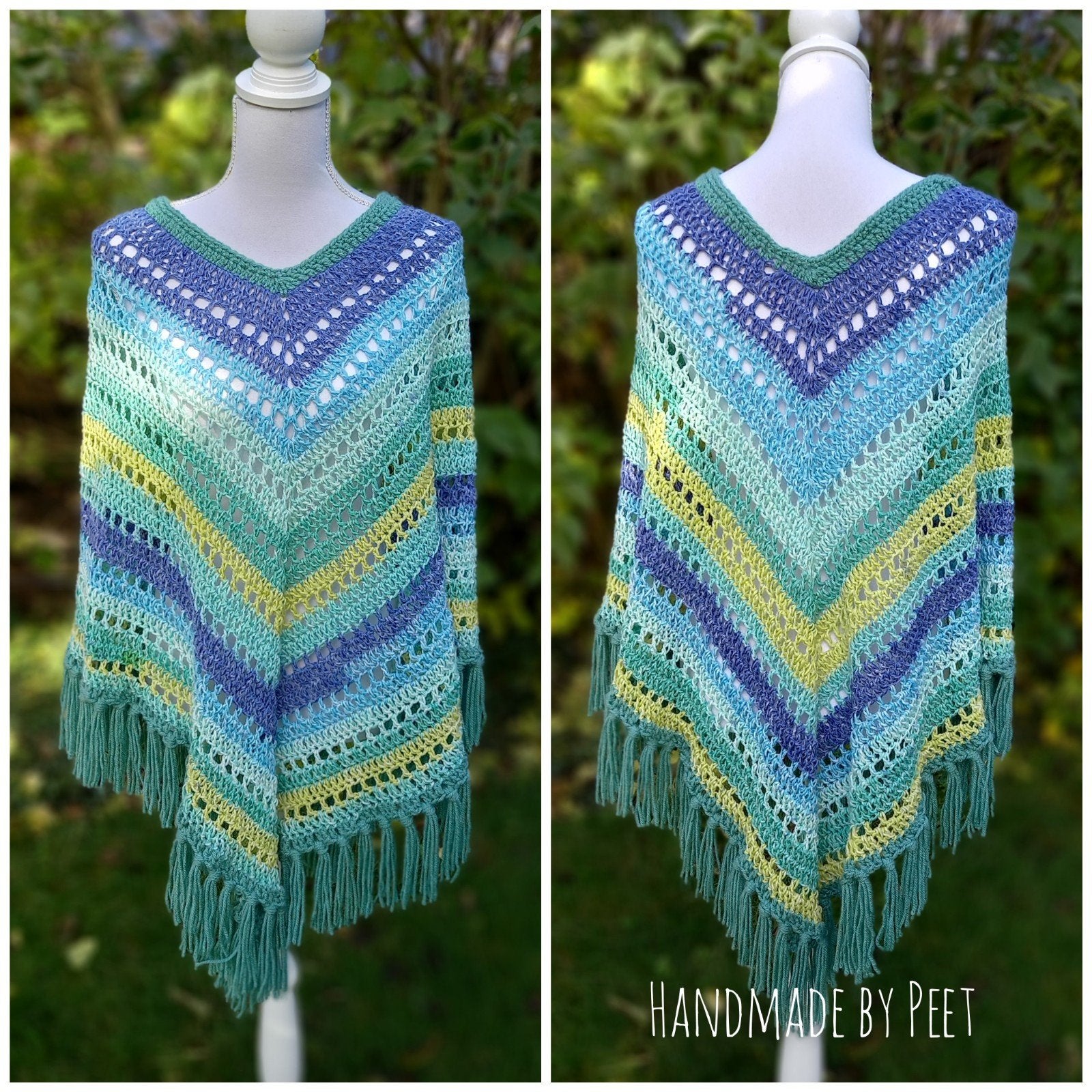 Gehaakte Poncho met Franjes - Blauw, Groen, Geel, Handmade by Peet, Ophalen of Verzenden, Nieuw