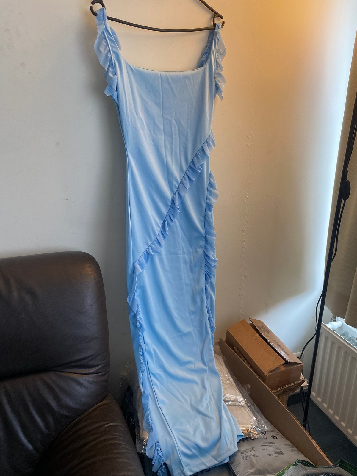 Lichtblauwe galajurk met ruches, Kleding | Dames, Jurken, Blauw, Nieuw, Ophalen of Verzenden, Maat 36 (S)