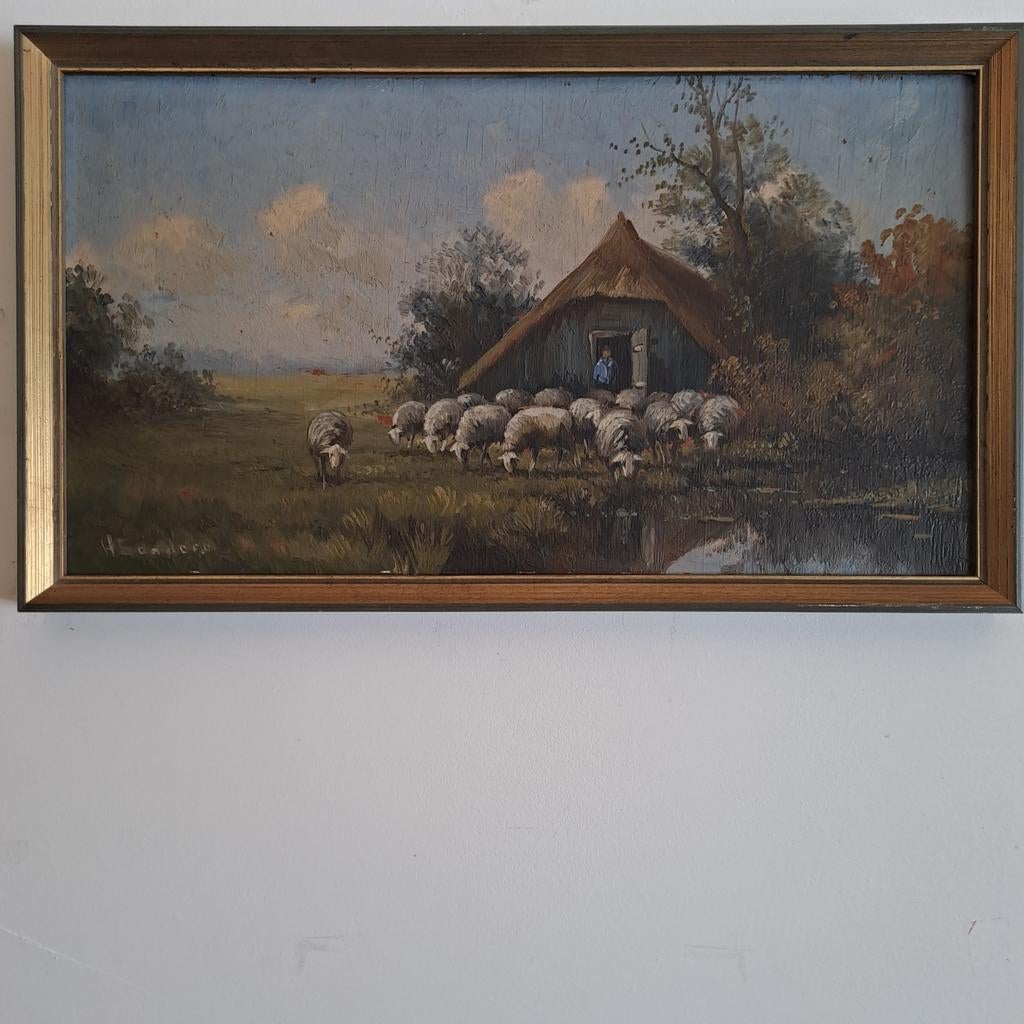 Schilderij 'Schapen op de Hei' van H Sanders, Antiek en Kunst, Kunst | Schilderijen | Klassiek, Ophalen of Verzenden