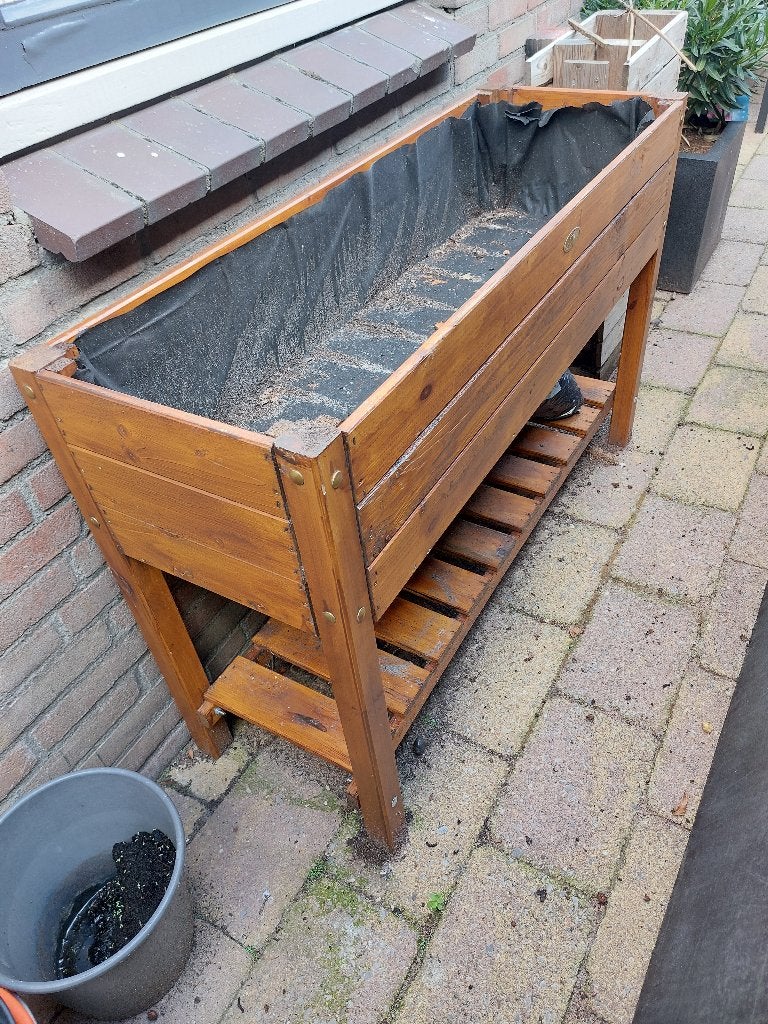 1 bruine houten bloembak staand met ligger eronder, Ophalen, 100 cm of meer, Zo goed als nieuw, Balkon