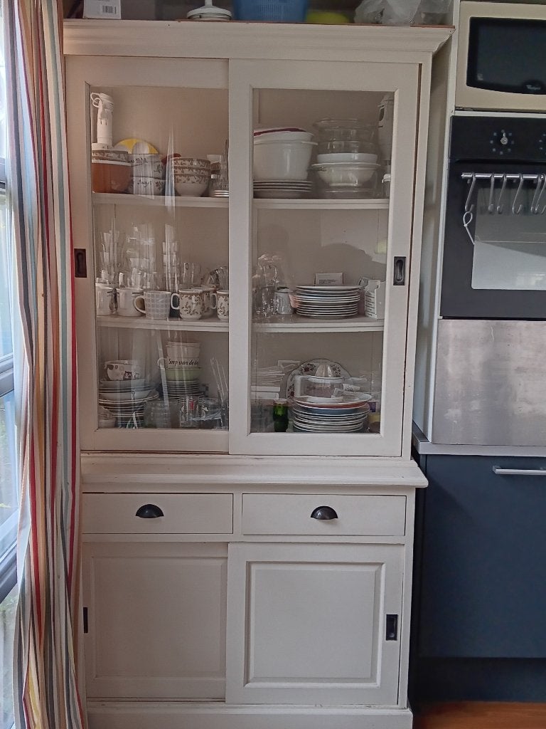 Witte buffetkast met vitrinekast, Ophalen, Gebruikt, 100 tot 150 cm, 200 cm of meer