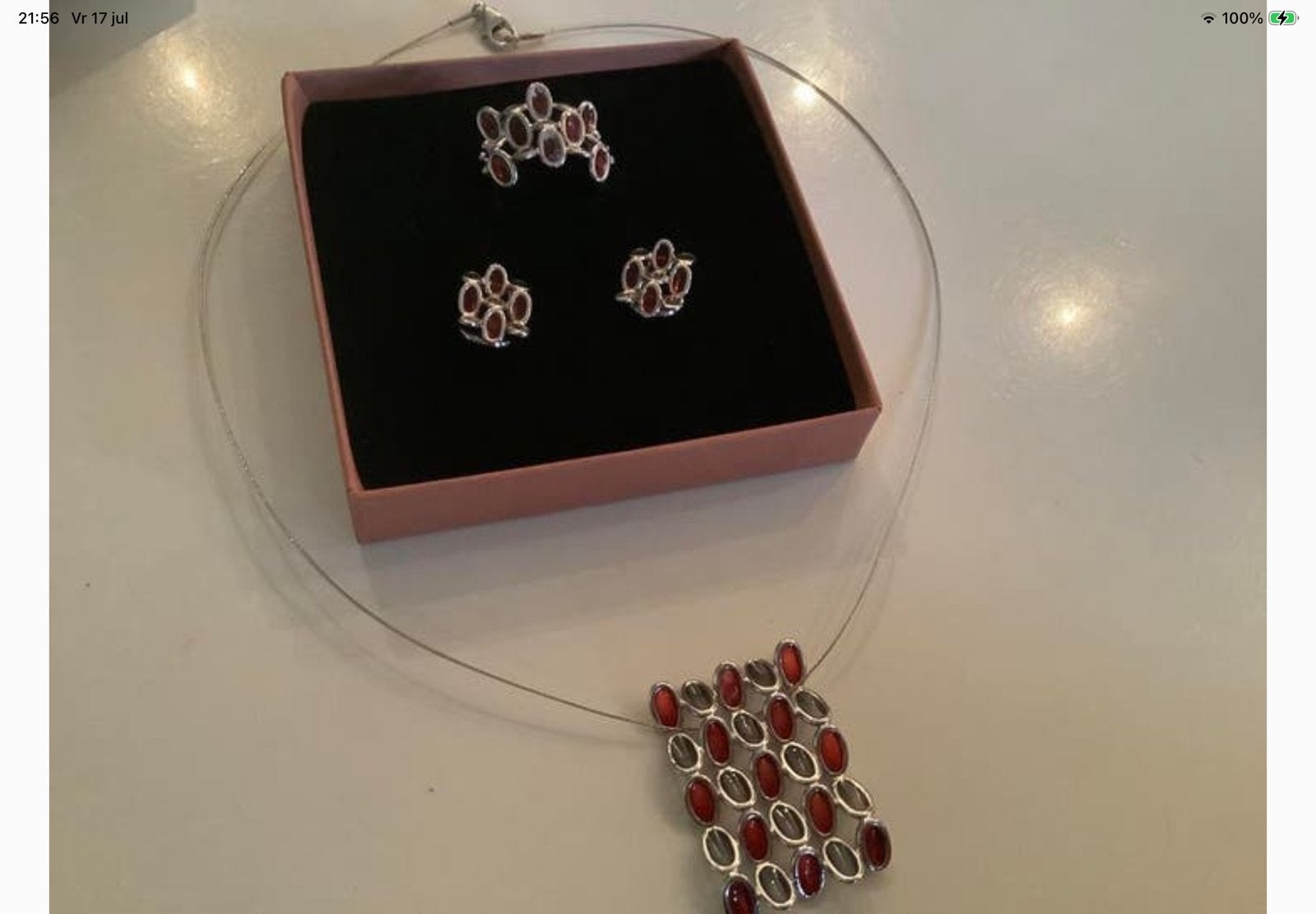 Daniel Vior set zilver ketting hanger ring oorbellen emaille, Verzenden, Zo goed als nieuw, Met edelsteen, Zilver