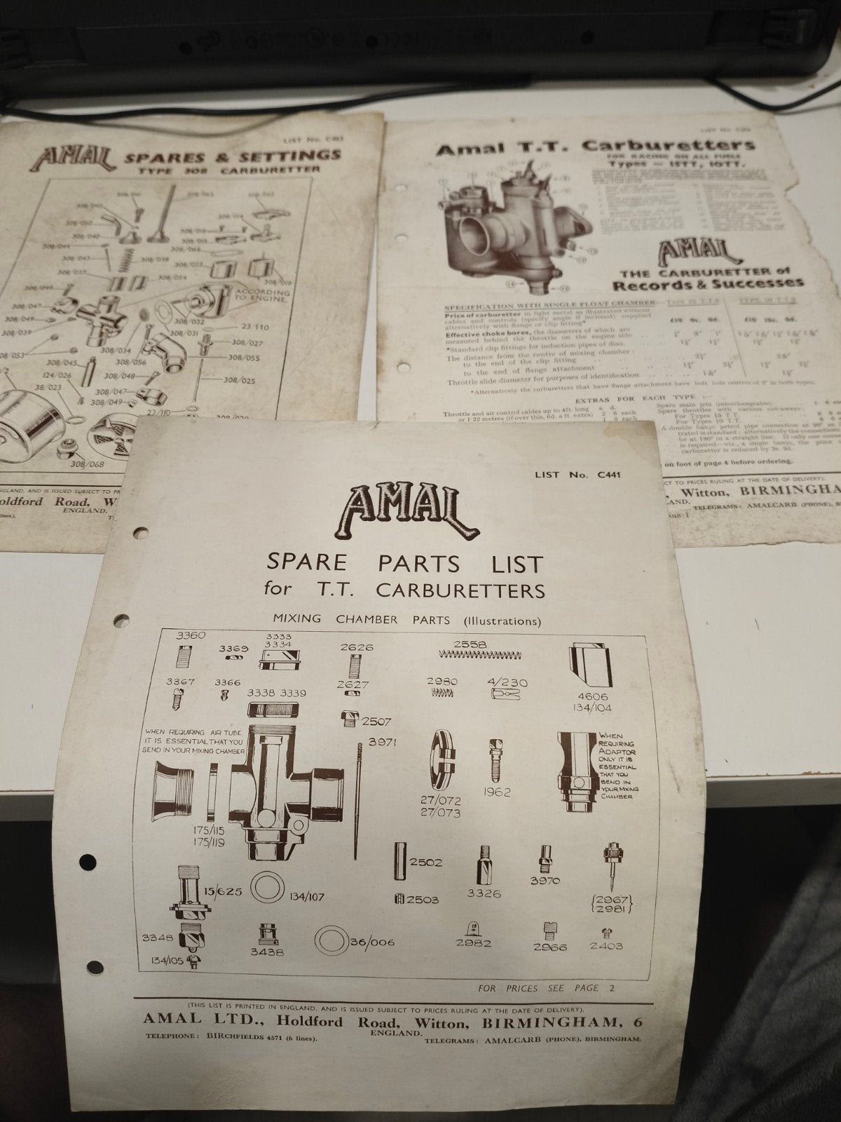 Amal Carburateur Onderdelen Lijst - Vintage Motorfiets, Verzenden, Gebruikt