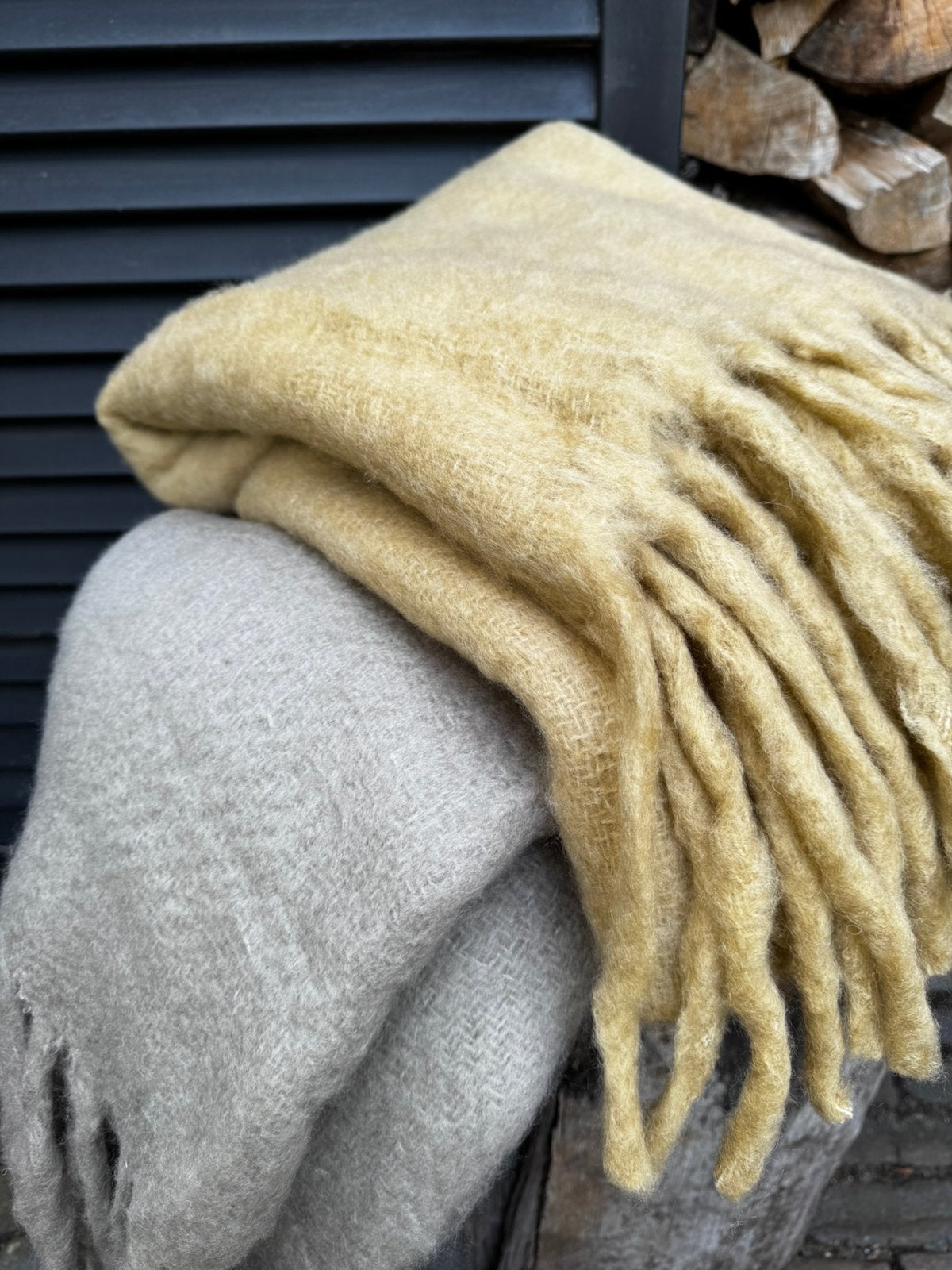 Warme plaids mosterdgeel taupe, Ophalen of Verzenden
