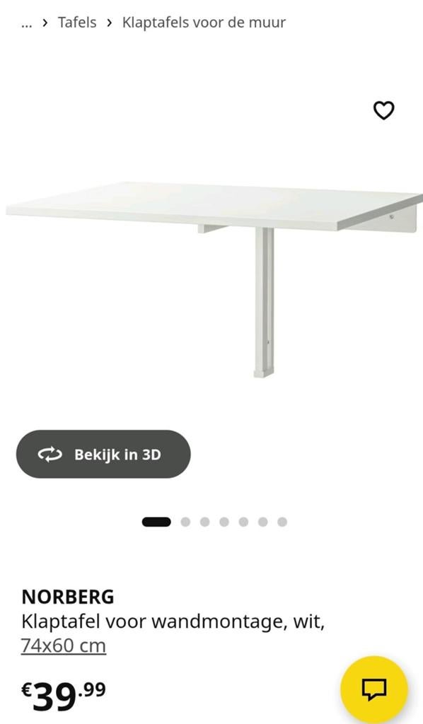 NORBERG Klaptafel voor wandmontage, wit, 74x60 cm, Ophalen, Overige materialen, 50 tot 100 cm, Tot twee personen