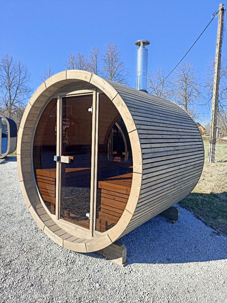 Vol Glas Design barrelsauna SKOG230 Thermowood, Ophalen of Verzenden, Nieuw, Fins of Traditioneel, Complete sauna