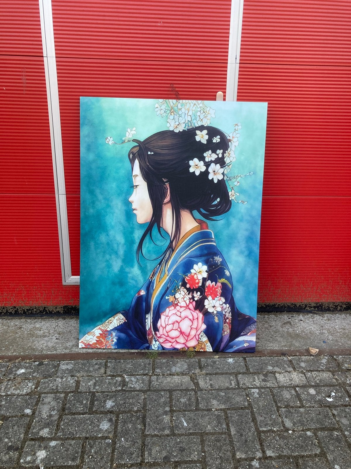 Schilderij (print op canvas)Japanse Geisha met Bloemen, Ophalen, Figuren, Print, Op houten frame