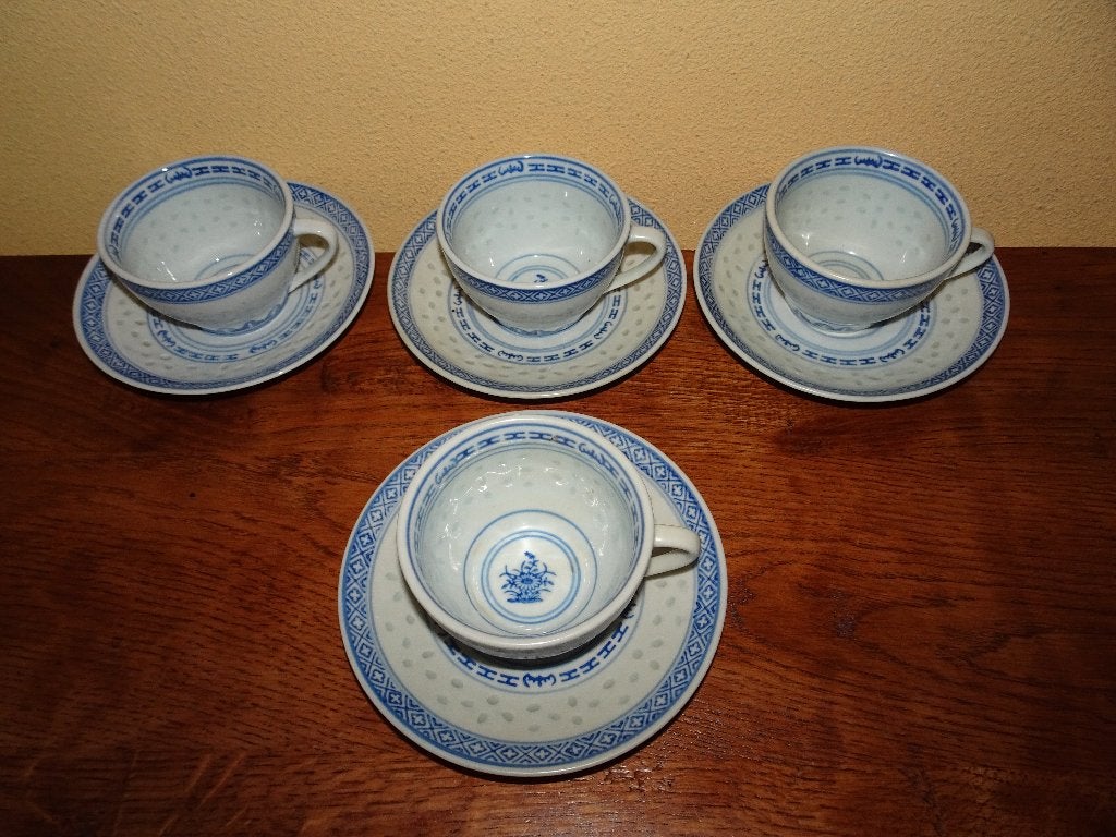 4 Chinese rijstkorrel kop en schotels, Ophalen of Verzenden, Zo goed als nieuw, Overige stijlen, Kop(pen) en/of Schotel(s)