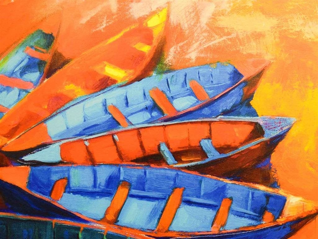 Schilderij van boten 52000, Ophalen of Verzenden, Gebruikt, 125 cm of meer, Schilderij
