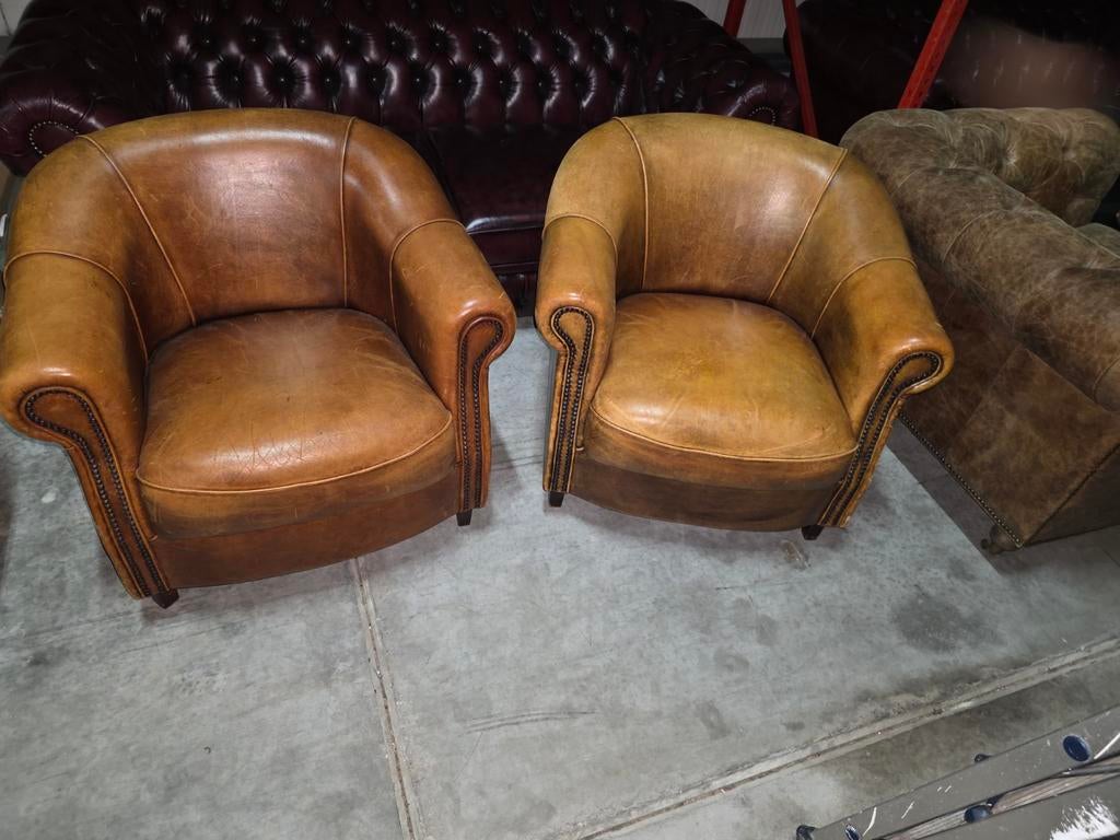 2 vintage Schapenleren Leren Clubfauteuils + BEZORGING