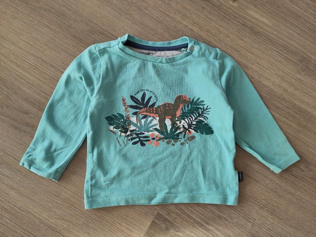 Noppies baby turquoise shirt met dino, maat 74, Kinderen en Baby's, Babykleding | Maat 74, Ophalen of Verzenden, Zo goed als nieuw