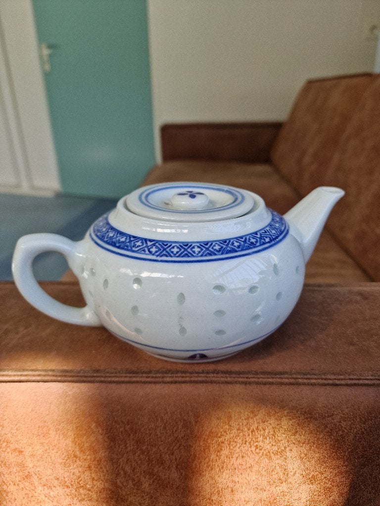 Vintage rijstkorrel theepot blauw wit, Antiek en Kunst, Ophalen of Verzenden