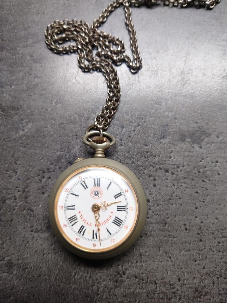 Antiek Roskopf zakhorloge uit de jaren '40 met ketting, Overige merken, Overige materialen, Zakhorloge, 1930 tot 1960