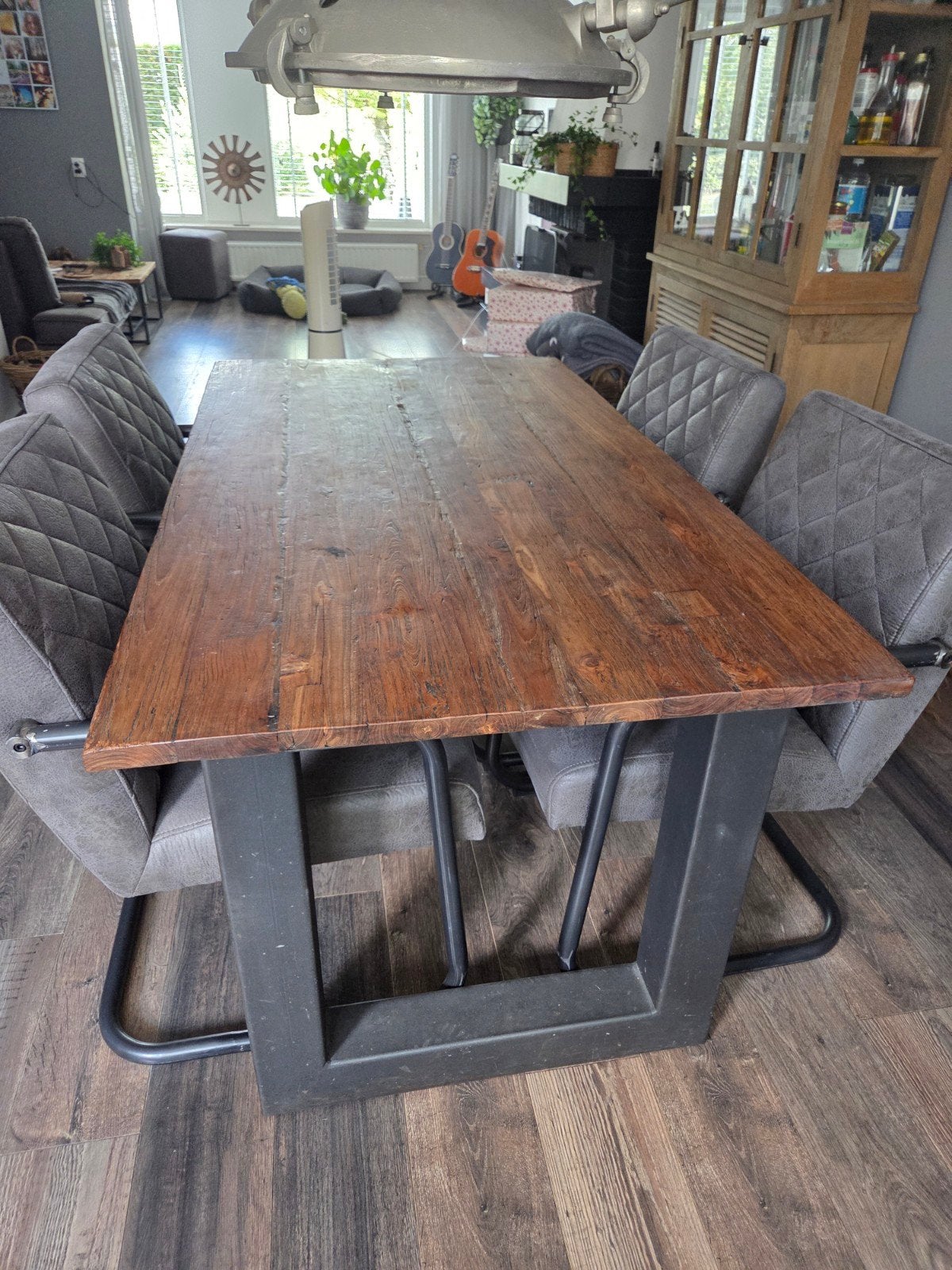 Houten eettafel met metalen U-onderstel, Ophalen, Gebruikt, Rechthoekig, Hout