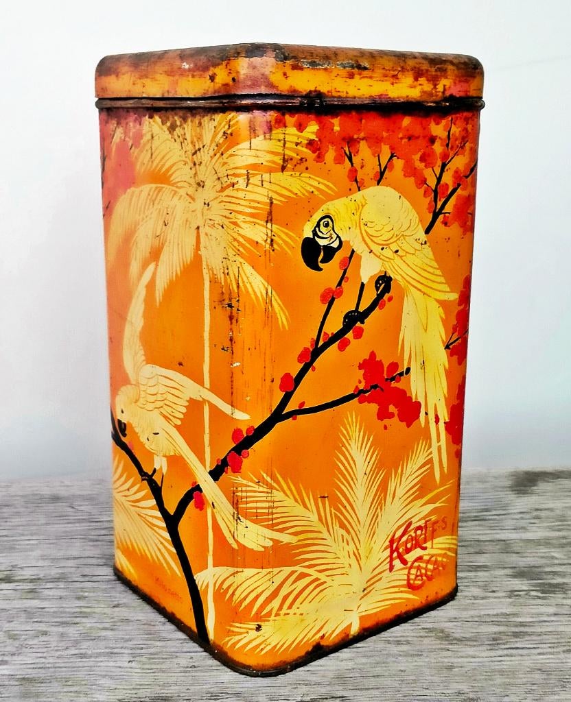Antiek Cacao Blik - Korff's Cacao - Papegaai Decor, Ophalen of Verzenden