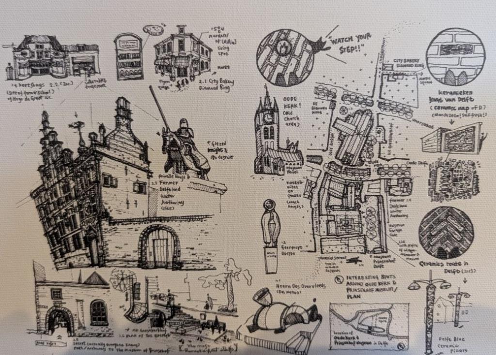 Tekening Emeline Lin: Delft rond de Oude kerk, Antiek en Kunst, Ophalen of Verzenden
