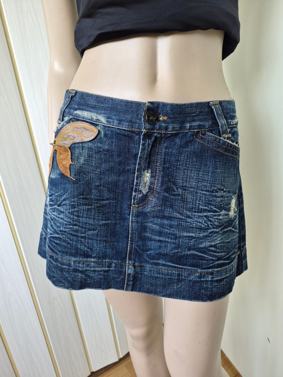 Just Cavalli Y2K denim short skirt leather patches maat 36/3, Kleding | Dames, Blauw, Ophalen of Verzenden, Zo goed als nieuw