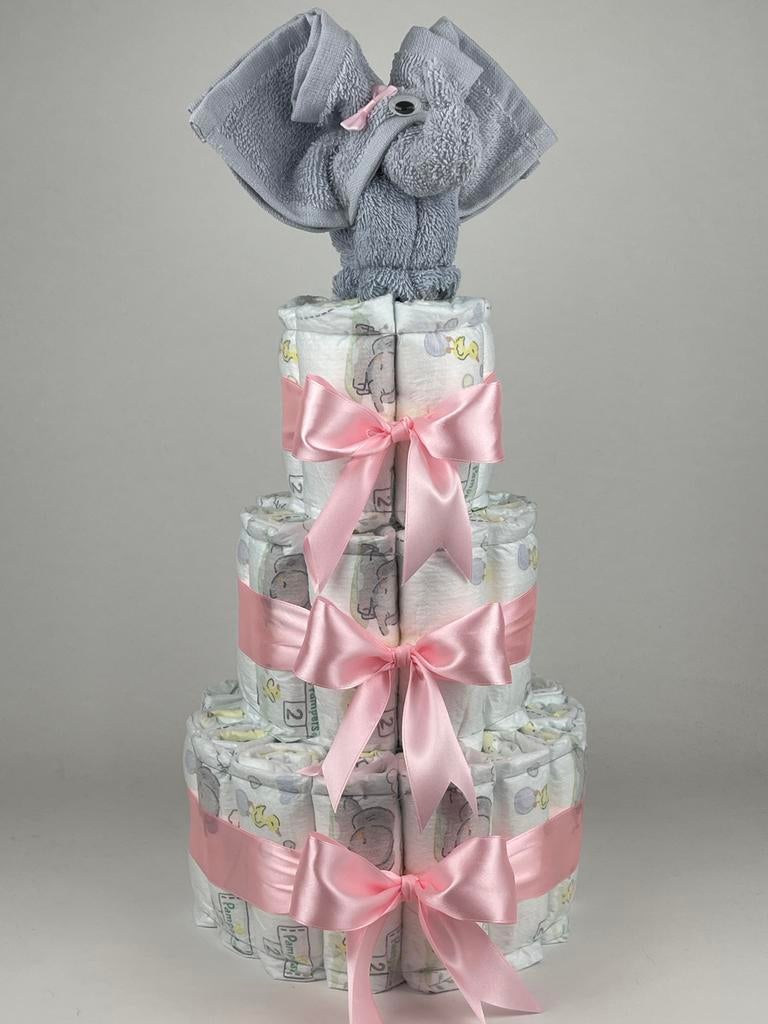 Luiertaart meisje olifant grijs roze, Kinderen en Baby's, Kraamcadeaus en Geboorteborden, Ophalen of Verzenden, Nieuw, Kraamcadeau