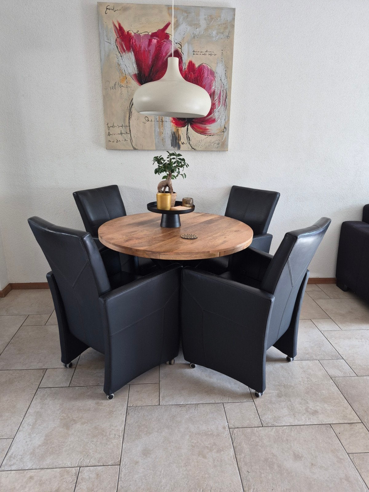 4x Zwarte Leren verstelbare  Eetkamerstoelen met Wieltjes, Ophalen, Gebruikt, Zwart, Leer