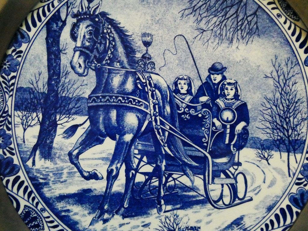Delftsblauw wandbord met tinnen bordenrand arrenslee, Ophalen of Verzenden