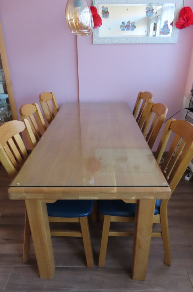 Massief eiken houten tafel + 6 stoelen, Ophalen, Gebruikt, Eikenhout, 50 tot 100 cm