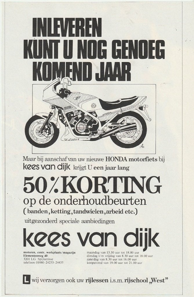 Retro reclame 1983 Kees van Dijk Honda motor Spijkenisse, Verzenden, Overige typen