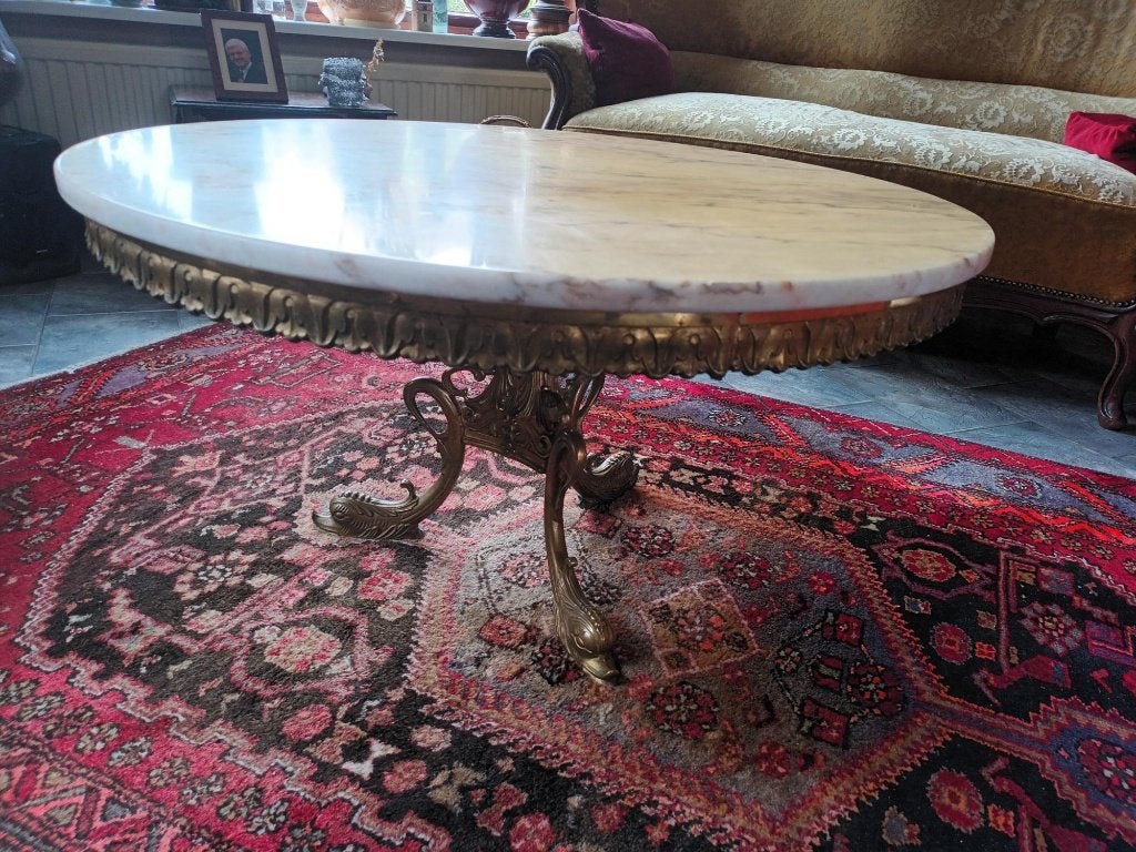 Klassieke messing salontafel met marmeren blad, Ophalen