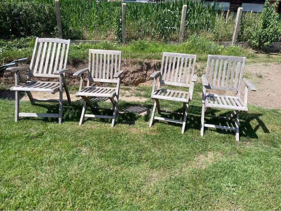 4 teak stoelen, Tuin en Terras, Tuinstoelen, Ophalen, Gebruikt, Teakhout, Verstelbaar