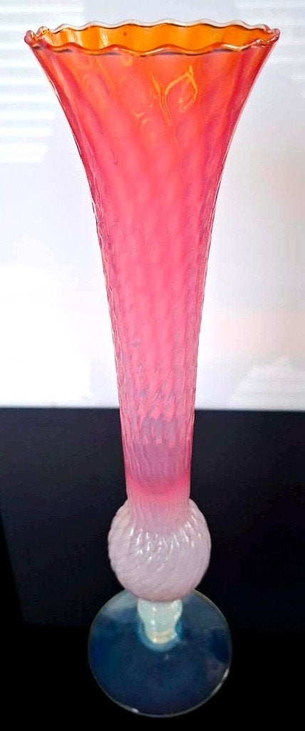 Prachtige Antieke Murano Oranje Roze Opaal Glas Trompetvaas, Antiek en Kunst, Ophalen of Verzenden