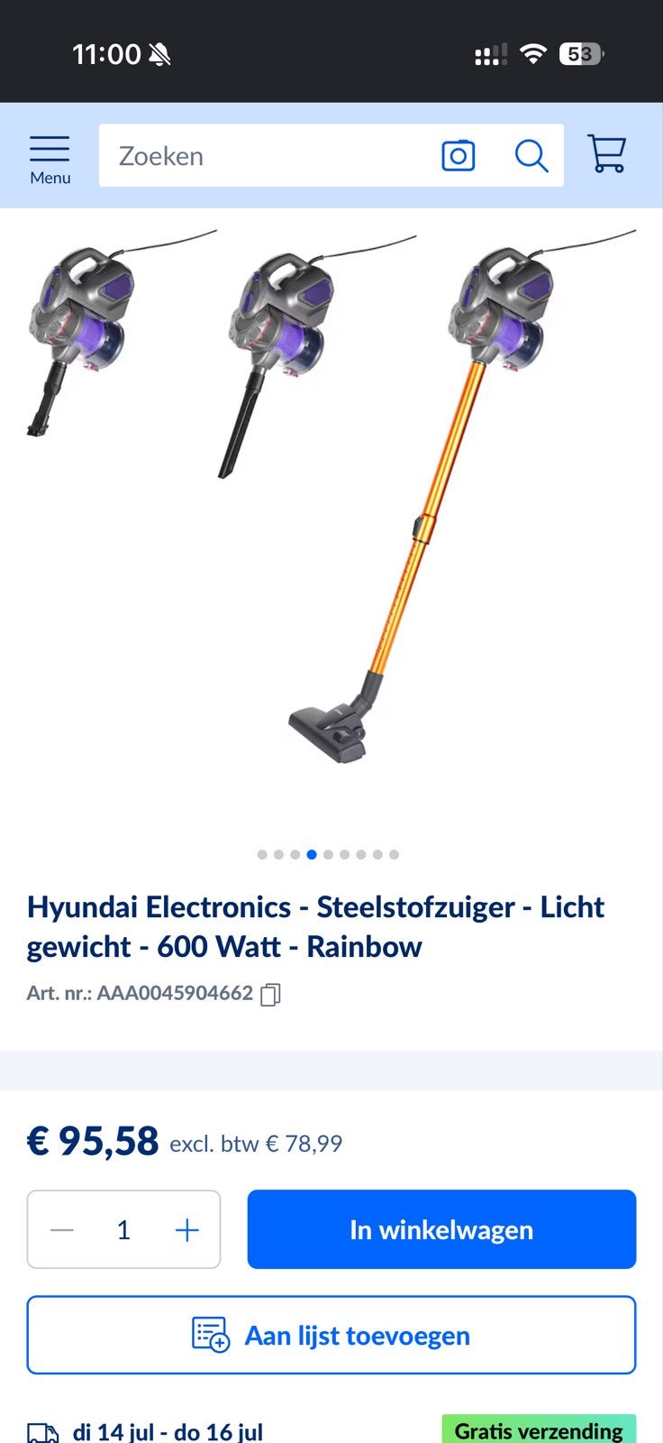Hyundai Steelstofzuiger - Lichtgewicht - 600 Watt - Rainbow, Witgoed en Apparatuur, Stofzuigers, Ophalen, Zo goed als nieuw, Minder dan 1200 watt