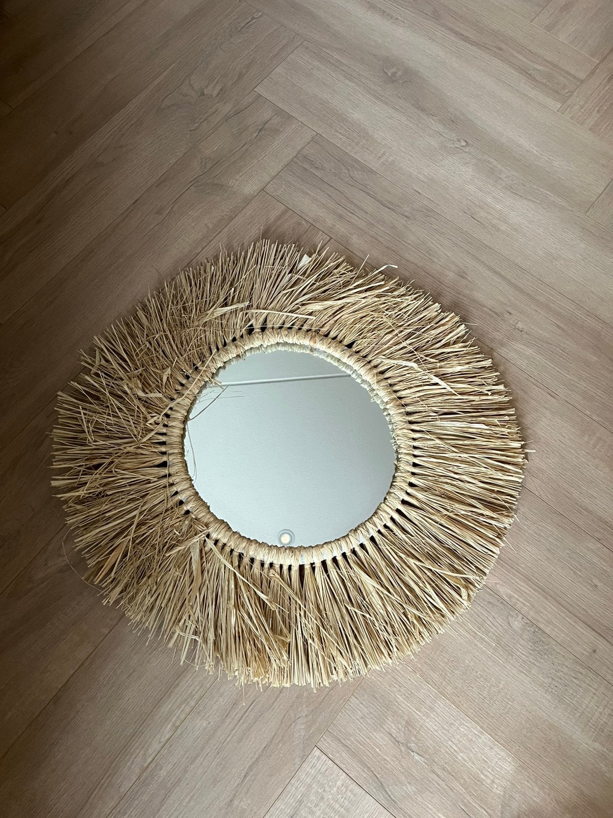 Spiegel raffia, ruffle ibiza, Huis en Inrichting, Woonaccessoires | Spiegels, Ophalen, Minder dan 50 cm, Zo goed als nieuw, Minder dan 100 cm