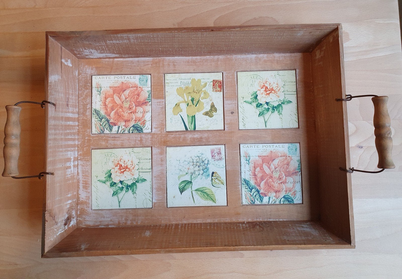 Vintage houten dienblad met bloemenprint en handvatten, Huis en Inrichting, Woonaccessoires | Dienbladen, Gebruikt, Hout, Rechthoekig