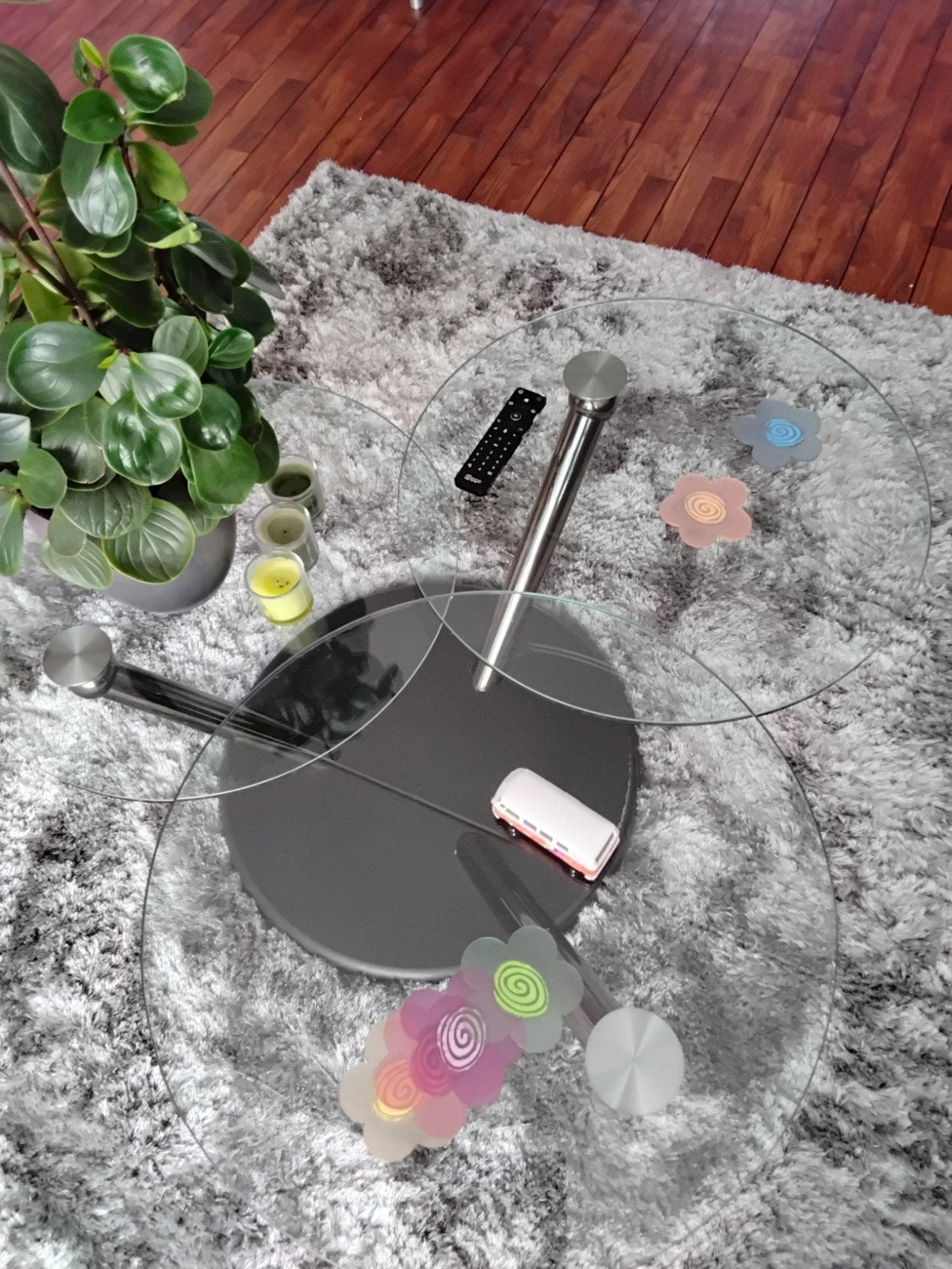 Salontafel met draaibare glasplaten rond 60cm, Ophalen, Huis en Inrichting