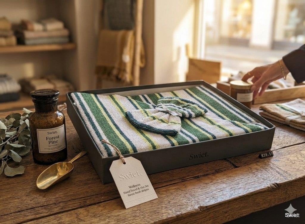 2366 Verona vintage handdoek met washandje in doos swiet, Huis en Inrichting, Ophalen of Verzenden, Nieuw, Groen, Handdoek