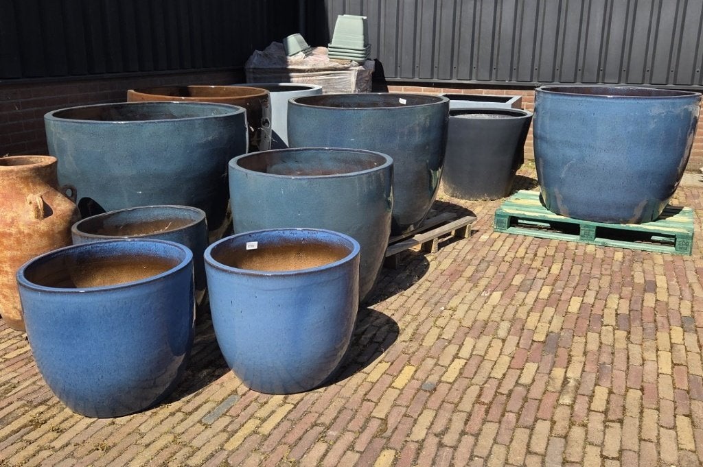 Prachtige GROTE blauwe aardewerk bloempotten geglazuurd rond, Ophalen, 40 cm of meer, Rond, Nieuw