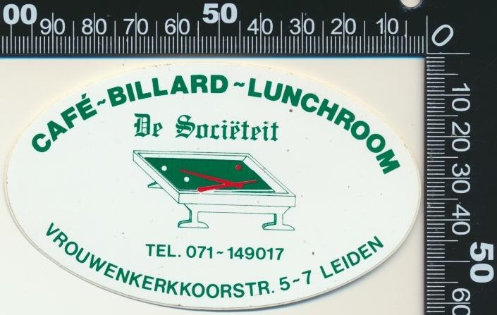Sticker: Cafe Billard Lunchroom De Societeit - Leiden, Ophalen of Verzenden, Zo goed als nieuw, Bedrijf of Vereniging