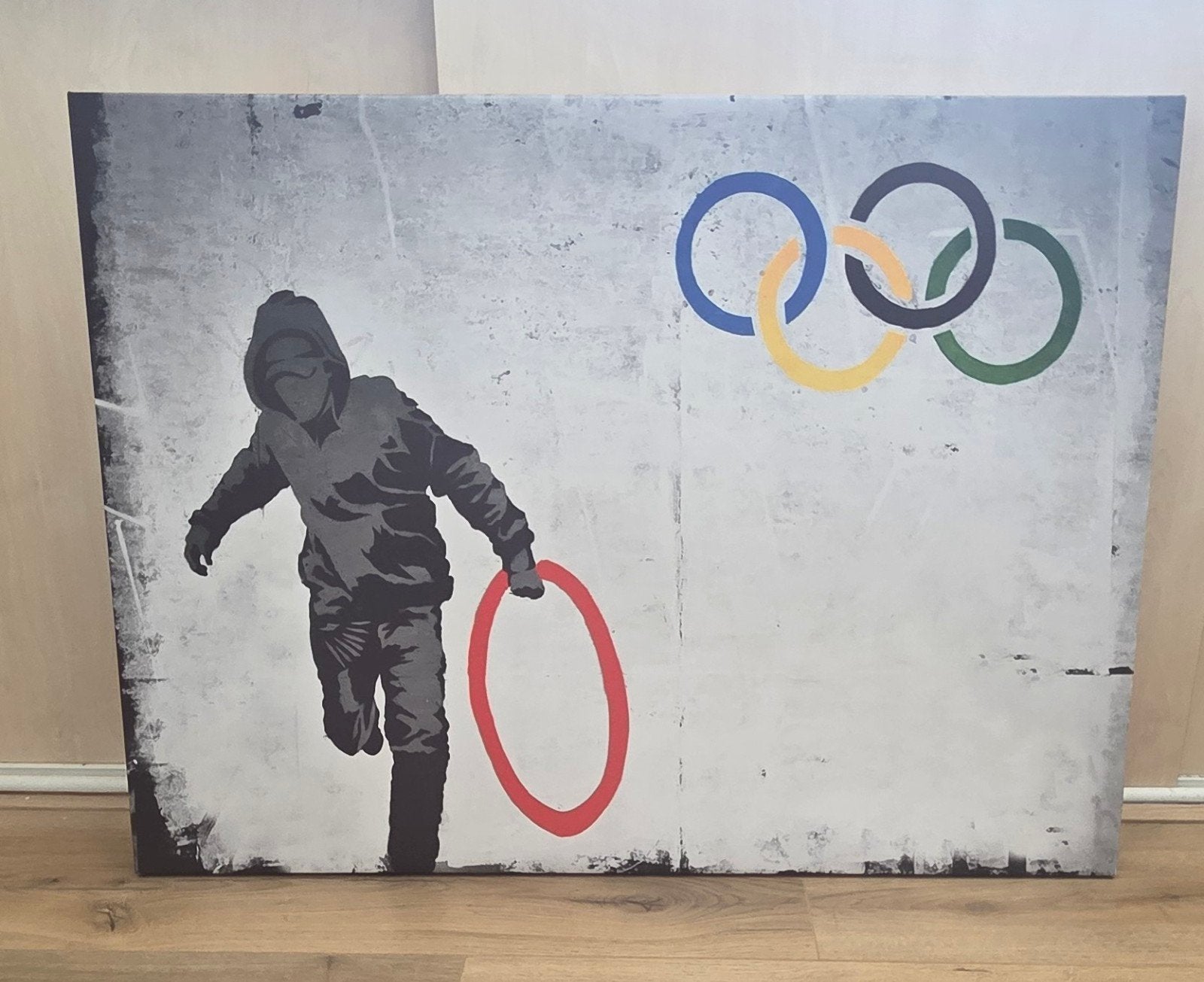 Banksy schilderij Olympische Ringen Canvas 102x77cm, Antiek en Kunst, Kunst | Schilderijen | Klassiek, Ophalen, Print, Overige onderwerpen