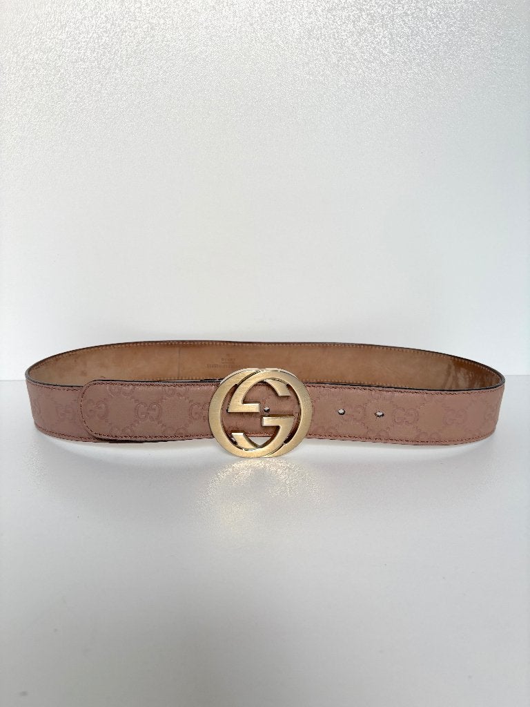 GUCCI Roze nude leer goud interlock riem  Maat 85, 3 tot 5 cm, Echt leder, Tailleriem, Ophalen of Verzenden