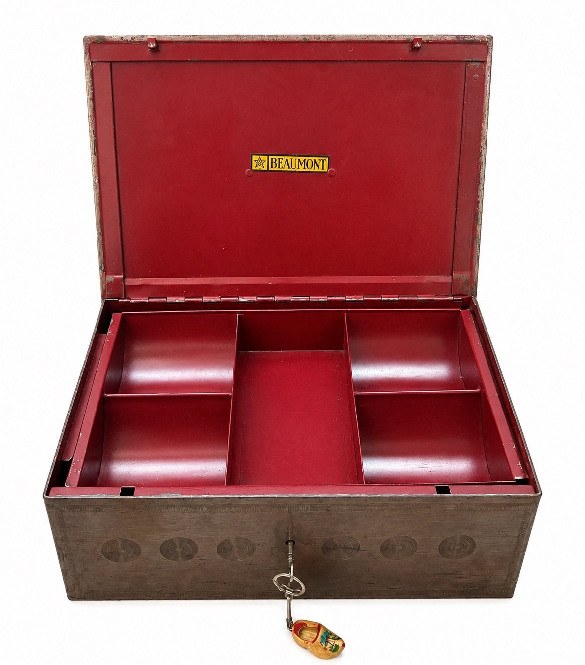 Antieke Beaumont metalen geldkist met extra sleutel, Antiek en Kunst, Curiosa en Brocante, Ophalen of Verzenden