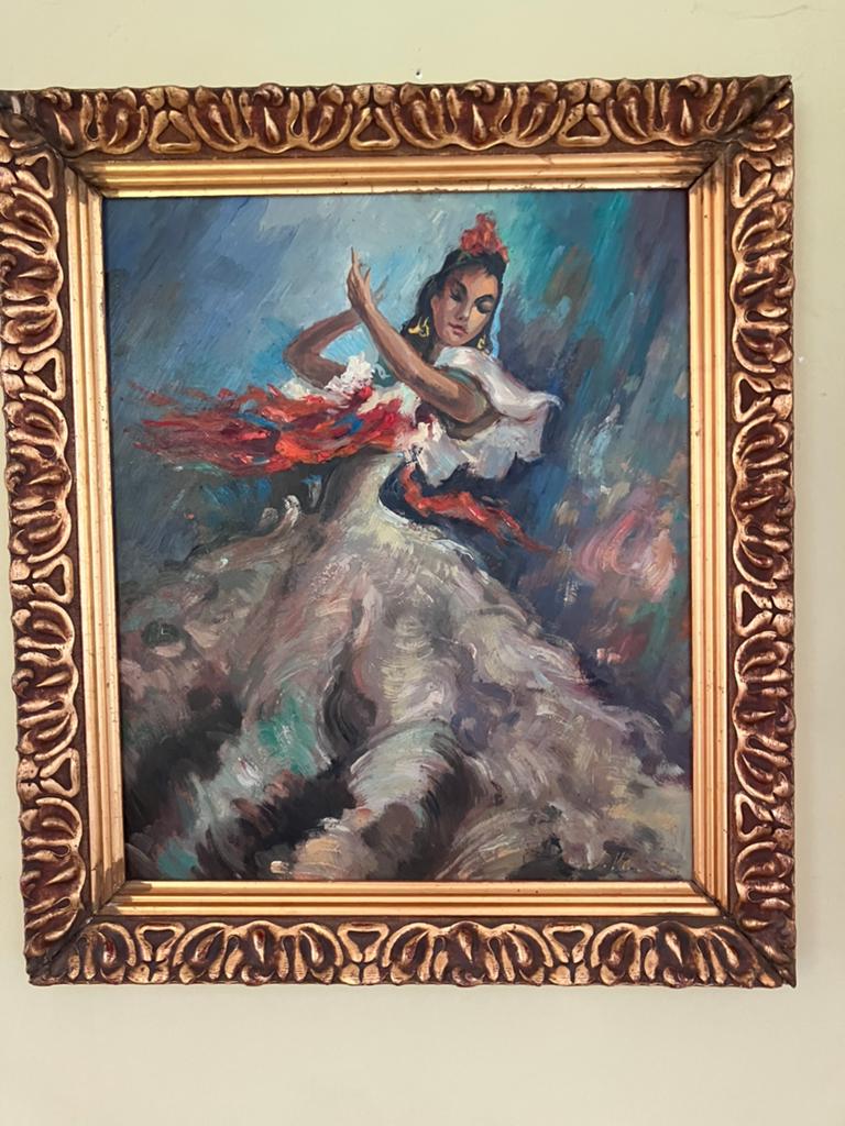 Schilderij olieverf op board flaminco danseres gesigneerd, Antiek en Kunst, Ophalen of Verzenden
