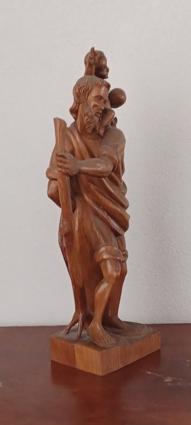 Houten beeld Sint-Christoffel met Christuskind – ca. 40 cm, Ophalen, Houtsnijwerk, 20 - 50 cm, Hout