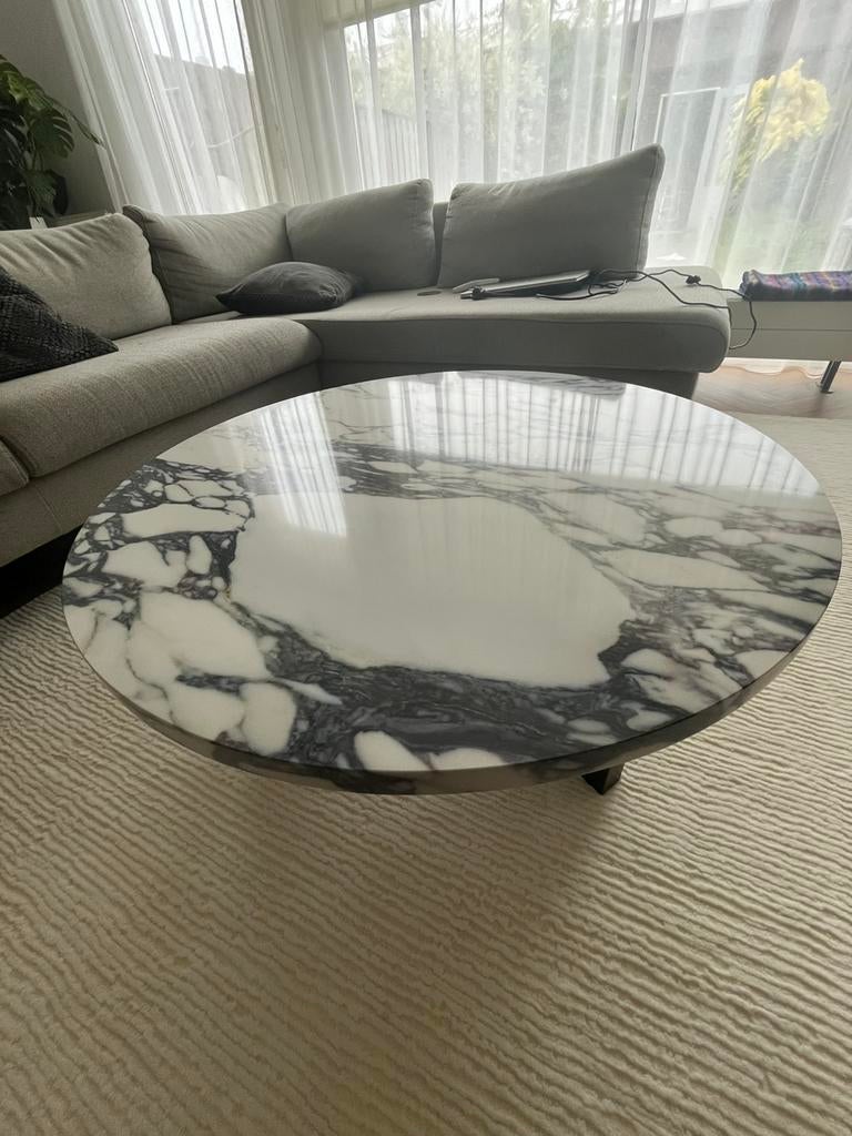 Salontafel steen en donker eiken effect, Ophalen, 50 tot 100 cm, Japandi viola calacatta modern, Rond