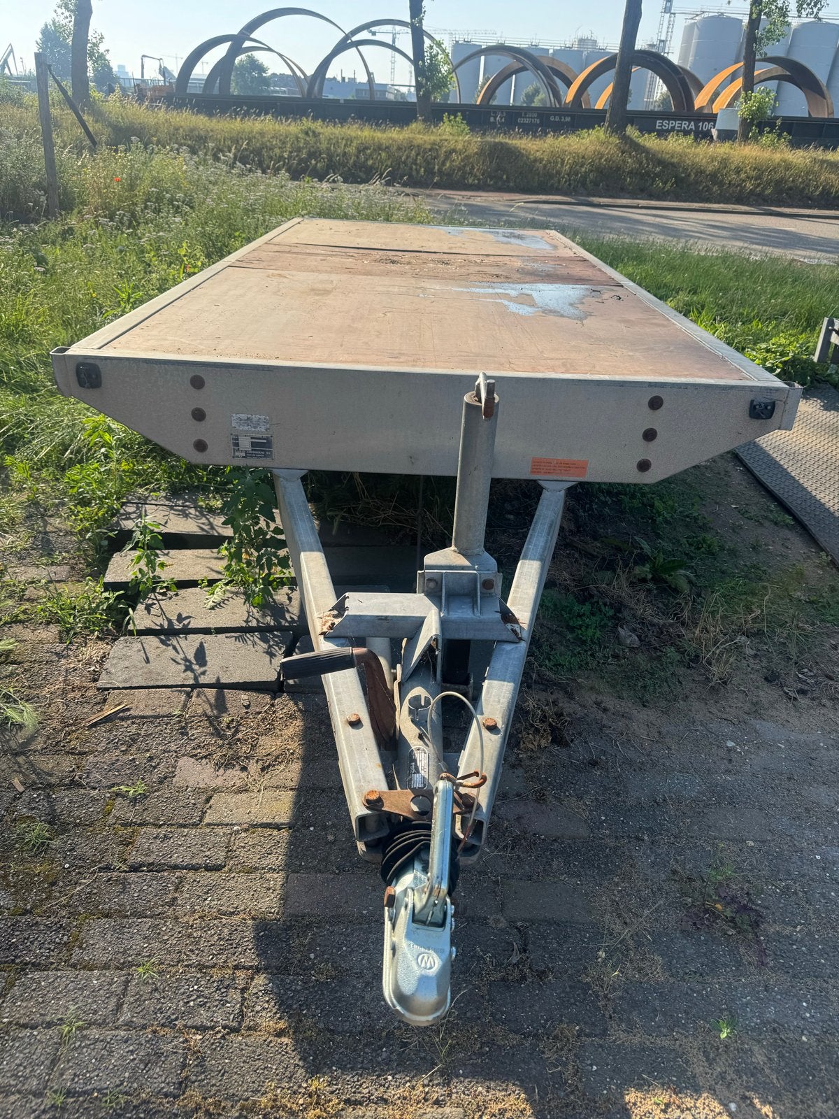 Aanhanger dubbelasser 4 meter lange, Ophalen, Gebruikt