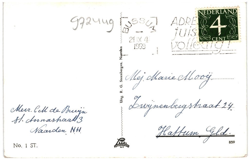 972449	Naarden	Utrechtsepoort	1959	Gelopen met zegel, Ophalen of Verzenden, 1940 tot 1960, Gelopen, Noord-Holland