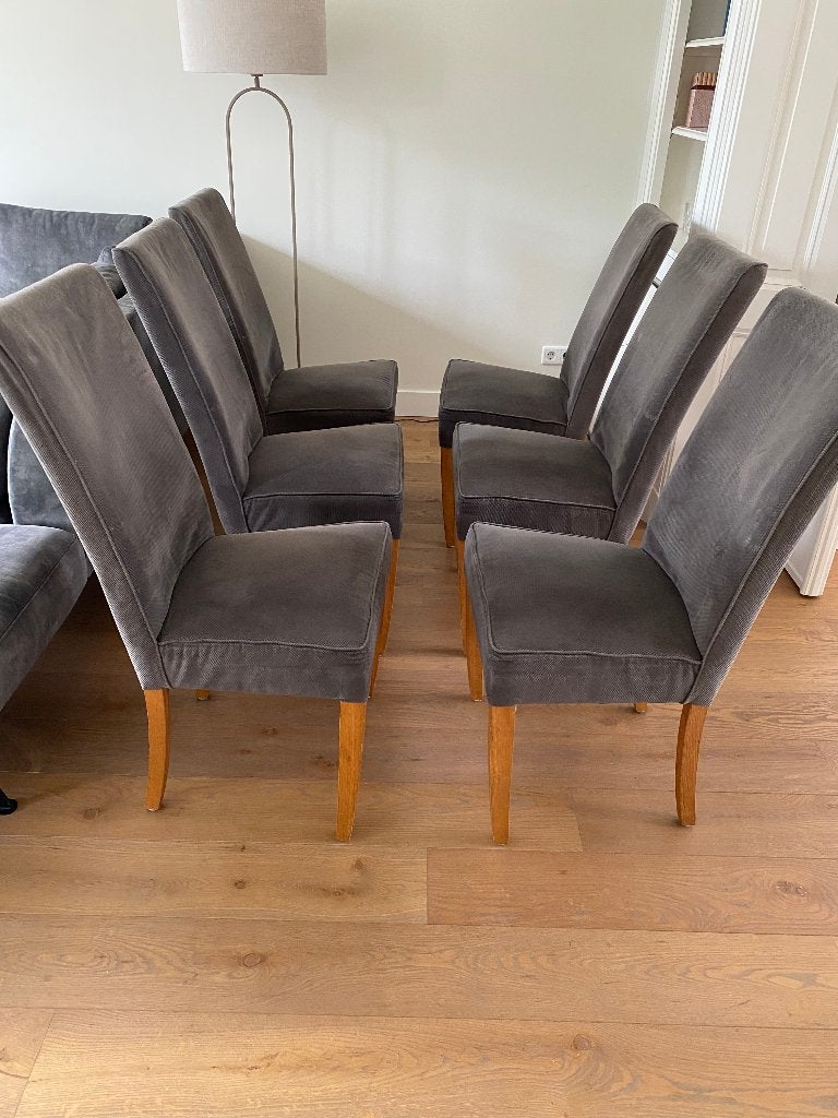 6 stuks eetkamer stoelen grijze stof en eiken poten, Huis en Inrichting, Stoelen, Ophalen, Hout, Gebruikt, Landelijk klassiek