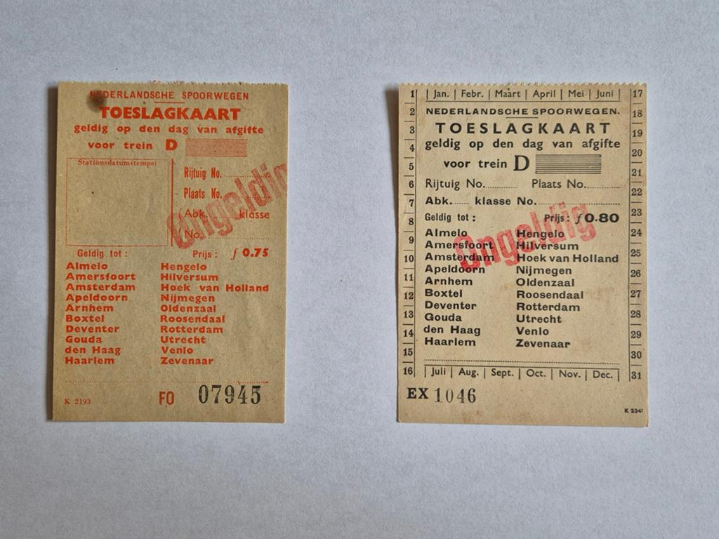 NS 2 toeslagkaarten voor trein D, Verzamelen, Spoorwegen en Tramwegen, Ophalen of Verzenden, Gebruikt, Trein, Overige typen