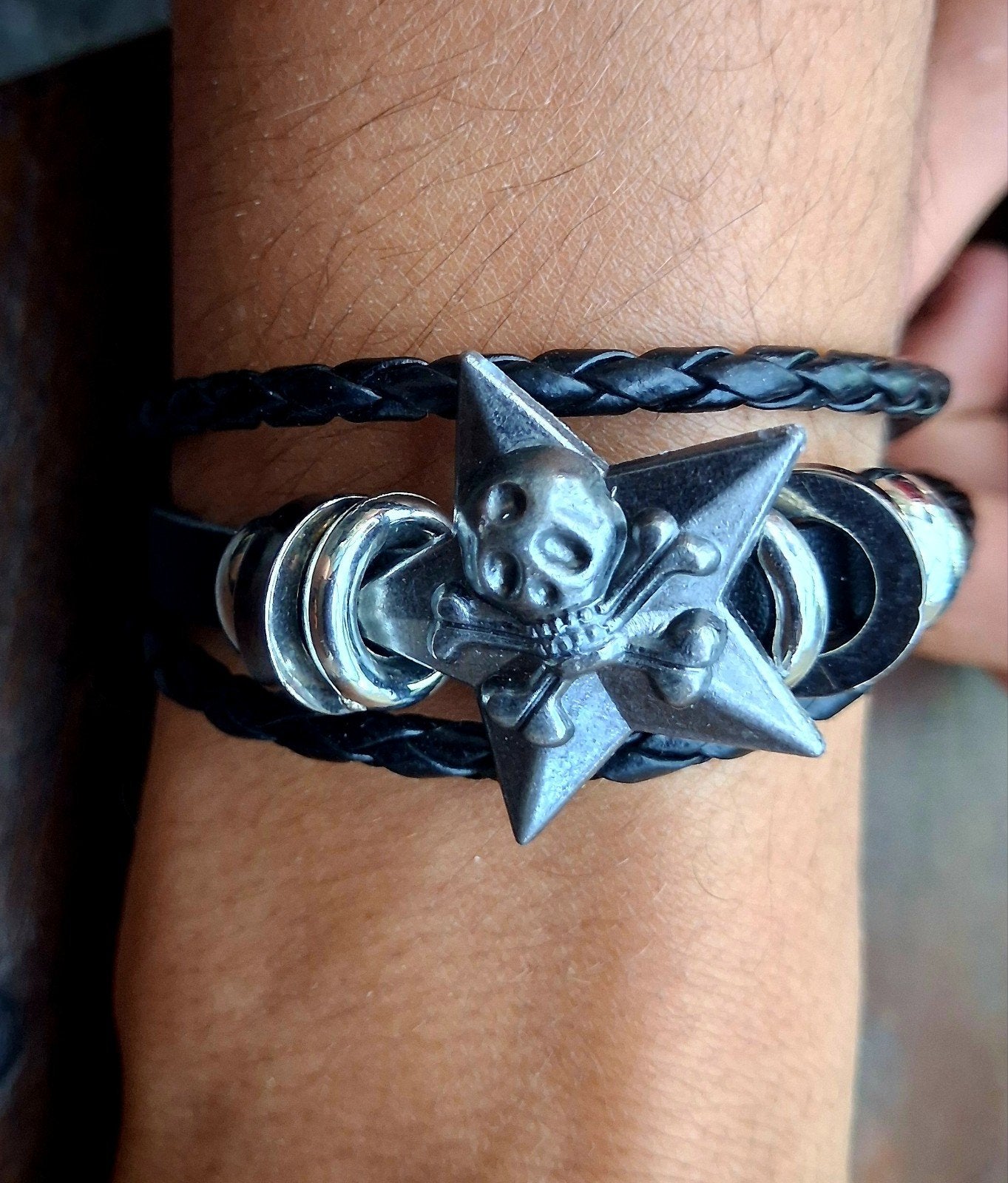 Stoere Leren Heren Armband  Punk / Gothic met Schedel & Ster, Ophalen of Verzenden, Nieuw, Leer