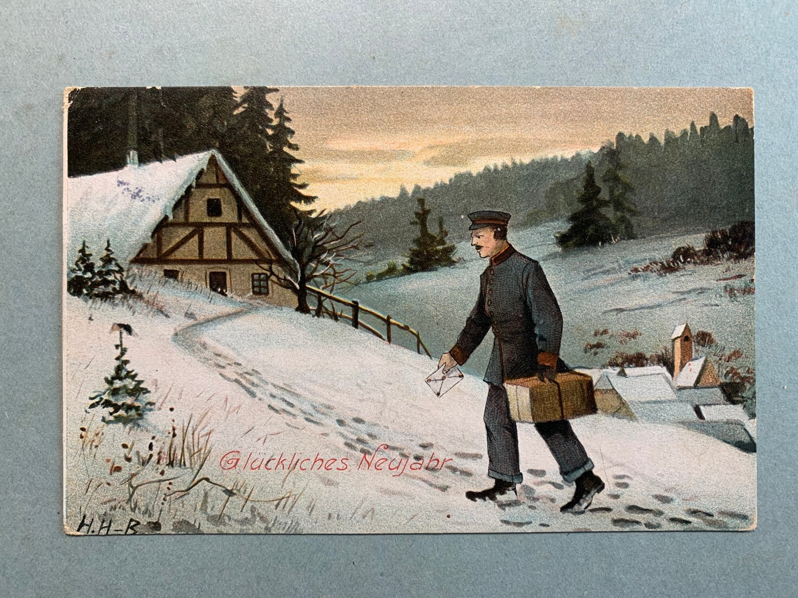 Glückliches Neujahr - postbode in de sneeuw, Ophalen of Verzenden, Voor 1920, Gelopen, Feest(dag)