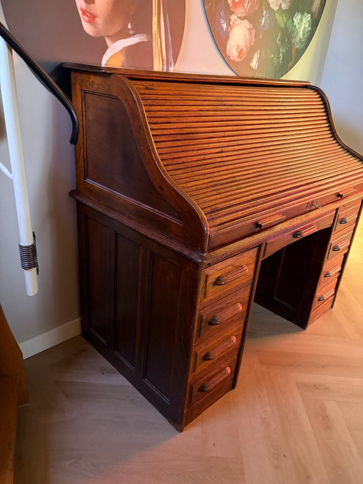 Bureau Houten secretaire/schrijfkabinet met rolluik en lades, Ophalen