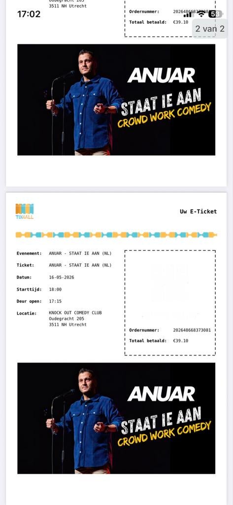 ANUAR 2 tickets ‘Staat ‘ie aan’ 16 mei 2026 Utrecht, Twee personen